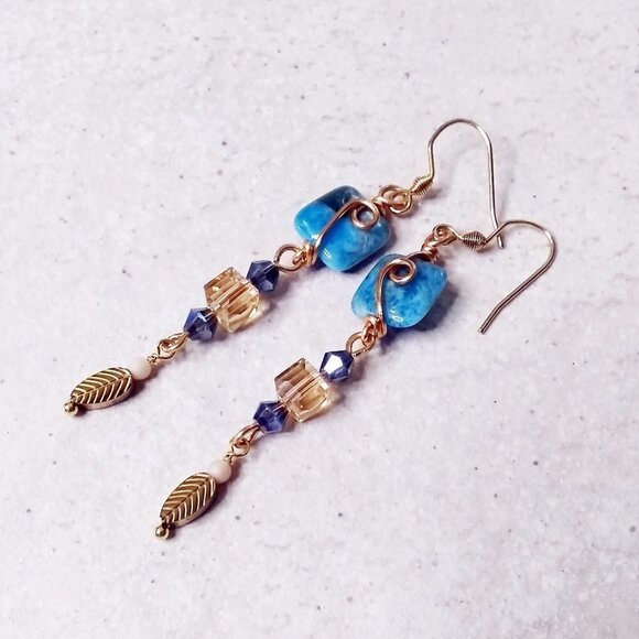 Wire Wrapped & Uniquely Handmade! Long Dainty Apatite & Crystal Dangle Earrings - Picture 1 of 7